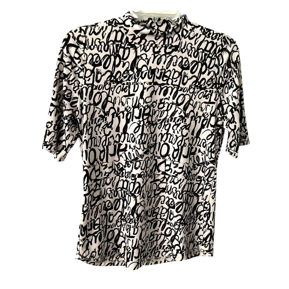 New York & Company 7th Avenue Mock Neck Graffiti Print Top Black White XS - Picture 2 of 7
